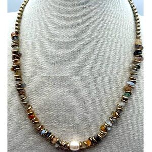 Bohemian Agate Chip & Faux Pearl Necklace With Brass Accents.  A88